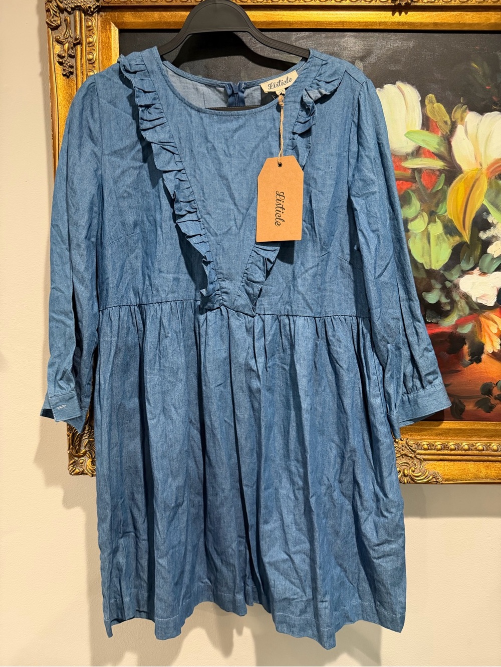 Listicle Blue Ruffle-Front Chambray Girl's Dress